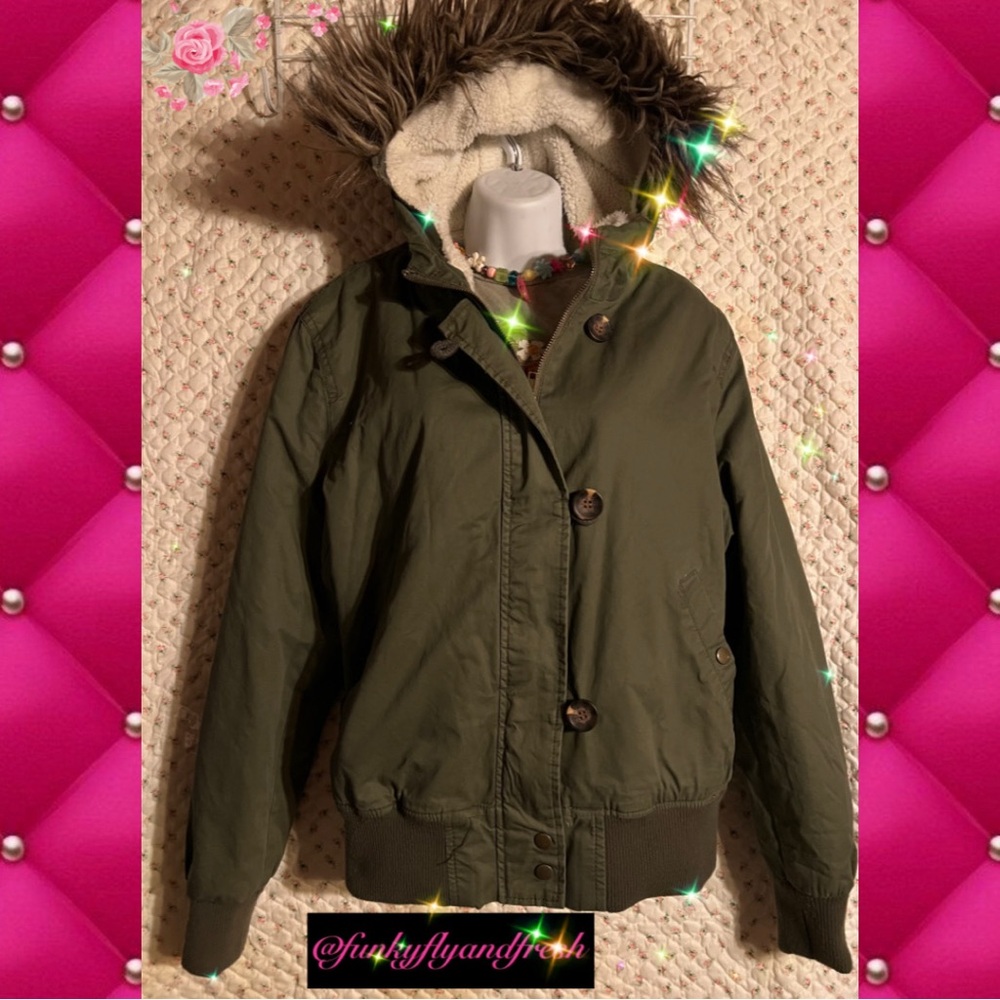 Ambiance olive green fleece lined fur lined hidden hood zipper enclosed Sz 2XL